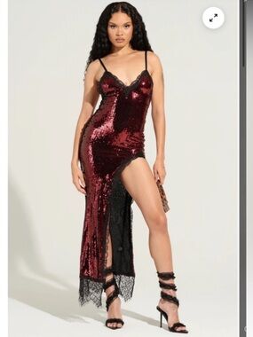 AKIRA Burgundy Sequin High-Low Slip Dress with Black Lace Trim